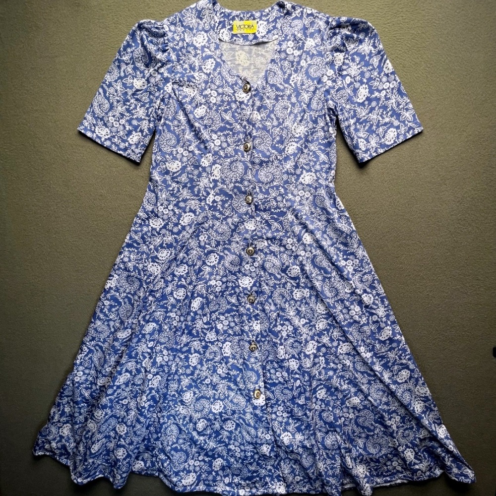 Victoria Harbor Women‎ Dress Blue Floral Jersey Knit M Cottagecore Vintage Style
